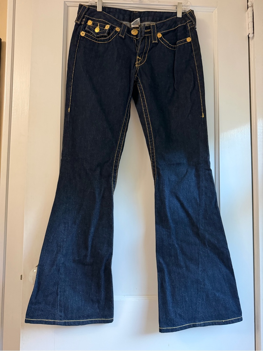 True Religion Dark Indigo Flare Jeans with Gold Stitching
